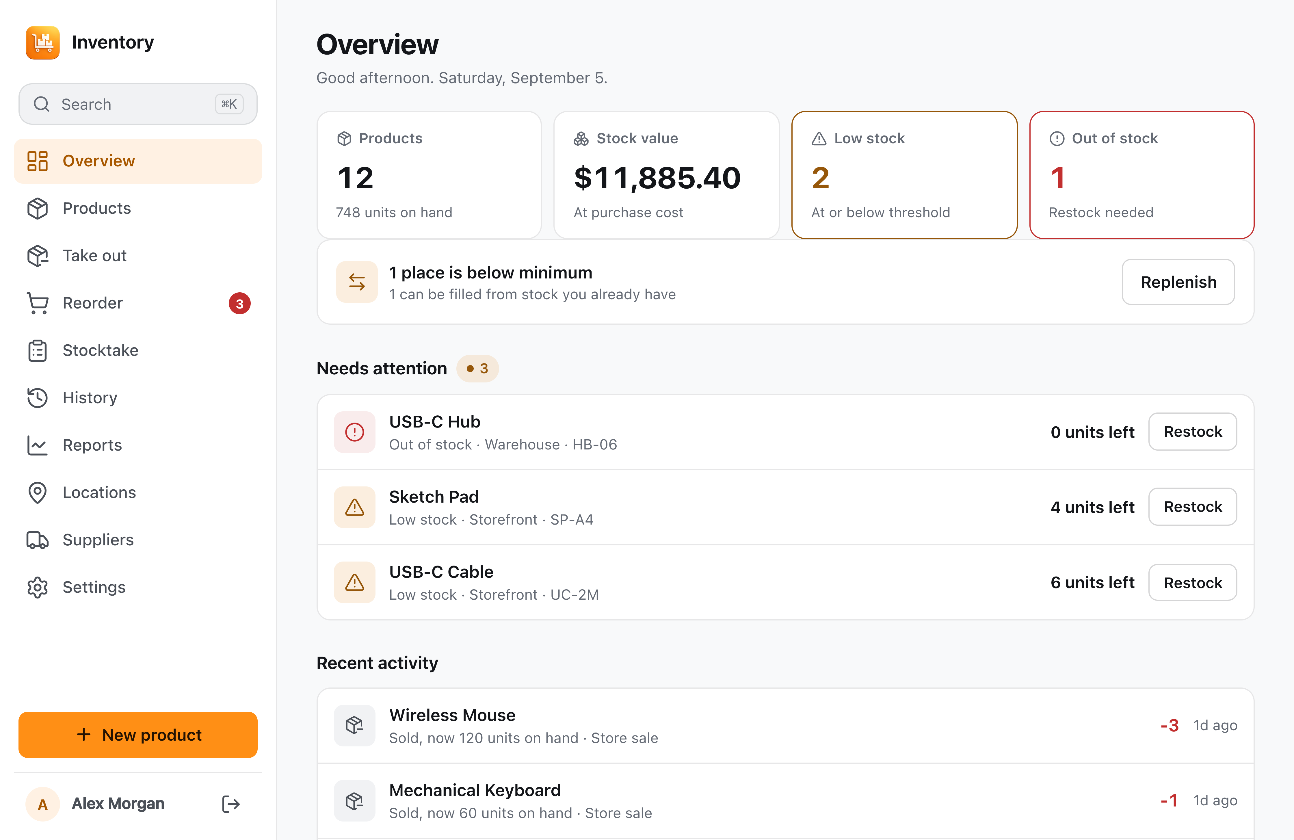 Inventory overview with low-stock alerts and recent activity.