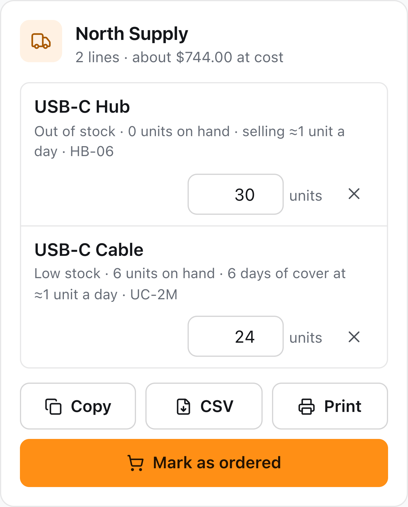 A supplier reorder sheet for a USB-C Hub and USB-C Cable, with editable quantities.